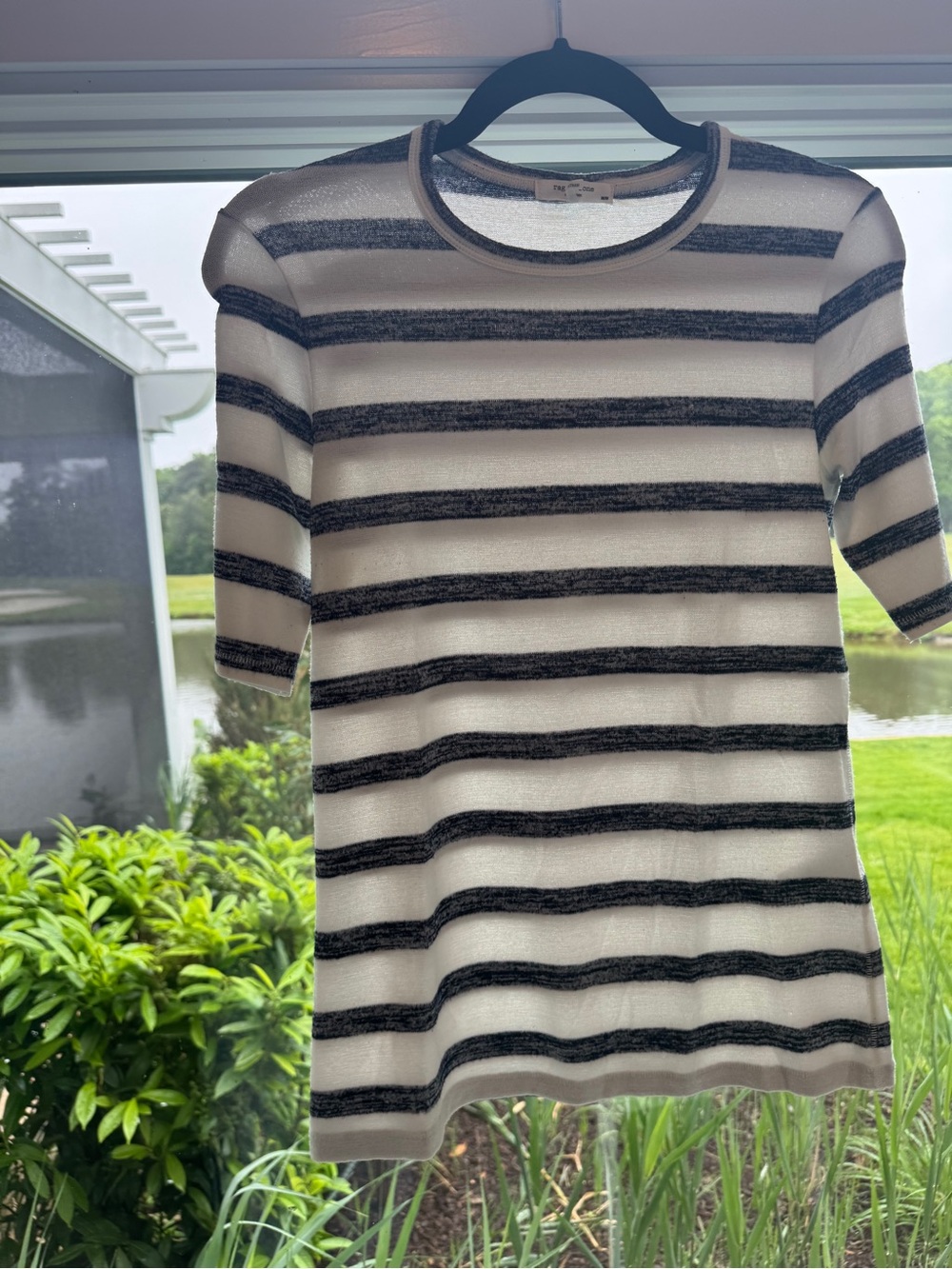 rag & bone Cream and Black Striped Short Sleeve Knit Top